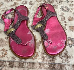 Michael Kors Women Flat Sandals Sparkly Thong Ankle Strap Pink Metallic 9.5M